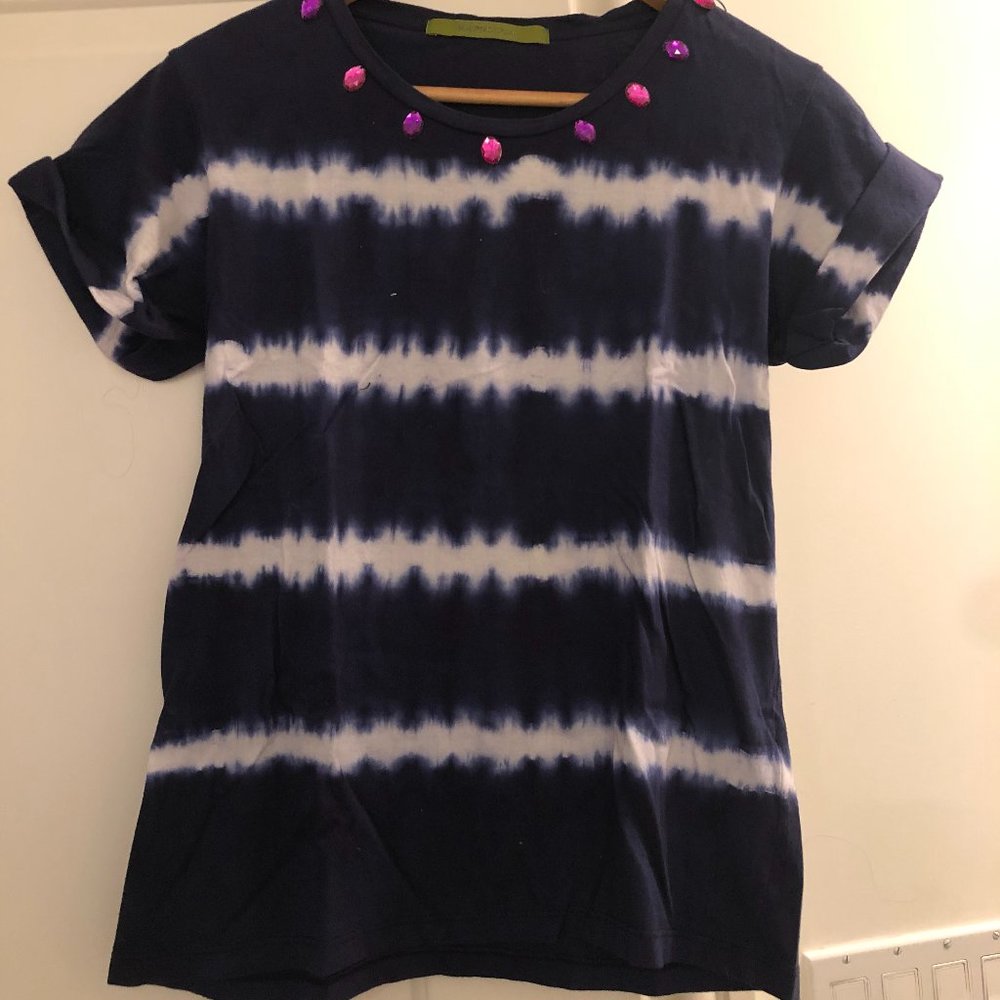 Blue and White Dyed top with pink jewel detailing